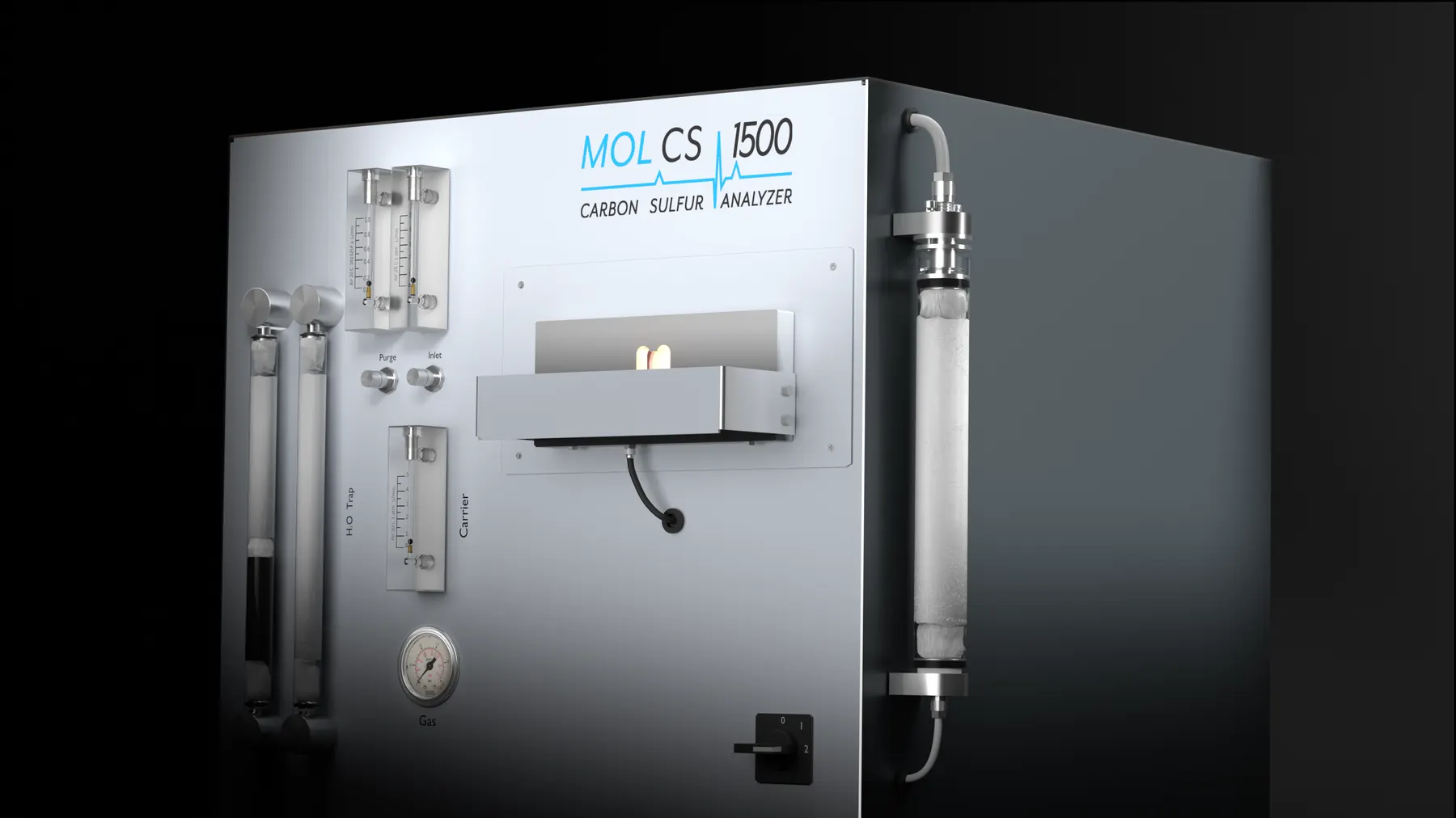 Mol CS1500 elemental analyzer, detail of the front panel with flow meters and glowing furnace